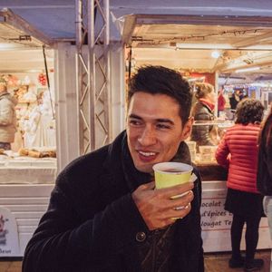 Having a vin chaud, spiced wine, at the Toulouse Christmas market